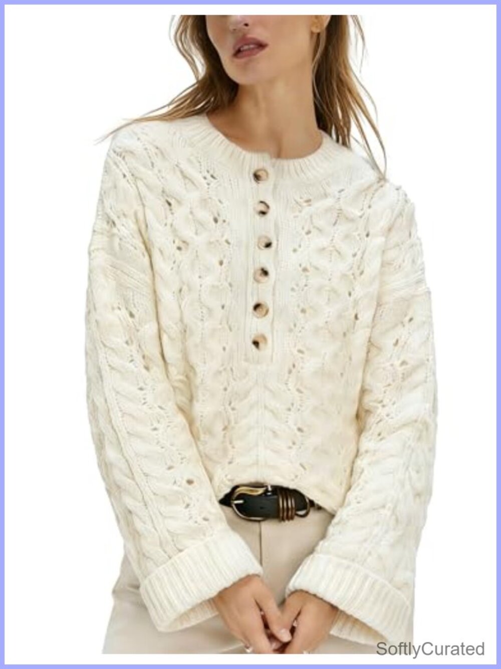 Cable Knit Henley Sweater Long Sleeve Relaxed Fit Pullover